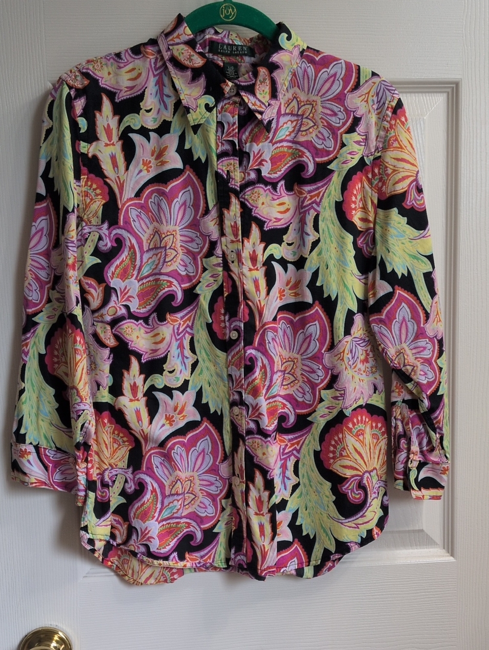 Ralph Lauren Black Floral Paisley Button-Up Shirt w/ Pink & Lime Accents, Large